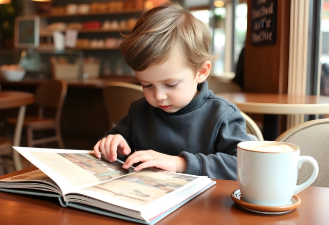 Kisgyerek egy csésze kaka mellett mesekönyvet olvas egy cukrászdában